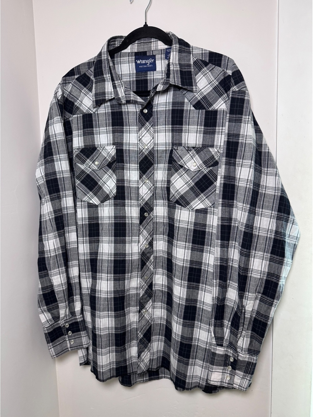 Wrangler Men’s 2XLT Western Pearl Snap Shirt Black White Plaid Cowboy Big Tall